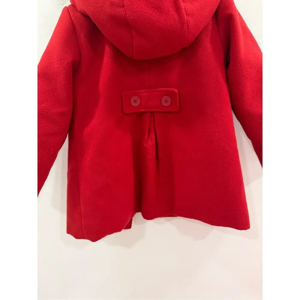 Cat & Jack Bright Red Hooded Pea Coat with Faux Fur Trim 5T kids